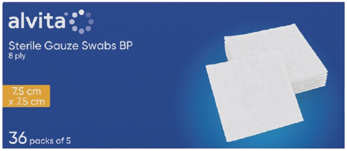 Alvita Gauze Swab Square Sterile Type 13 7.5cm (5 swabs) / 36pks 